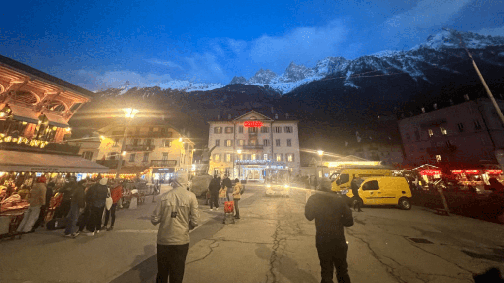 busy people at chamonix nightime