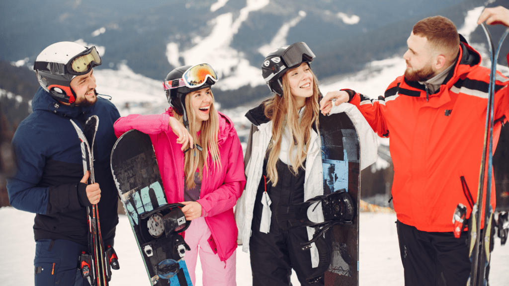 friends skiing and snowboarding