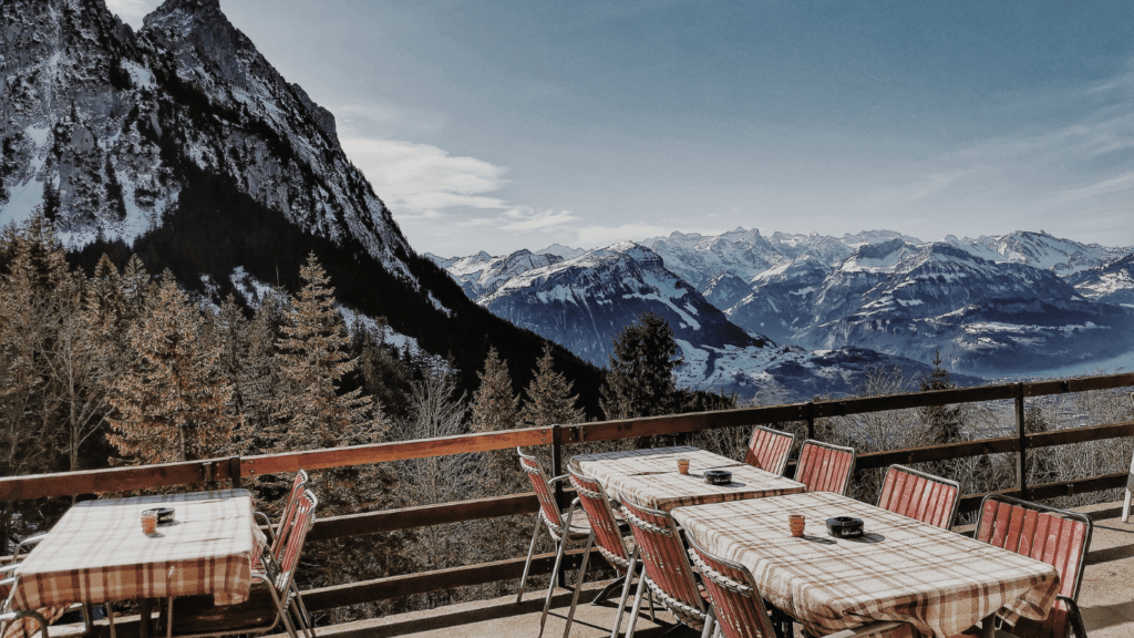 restaurant near mountains with snow